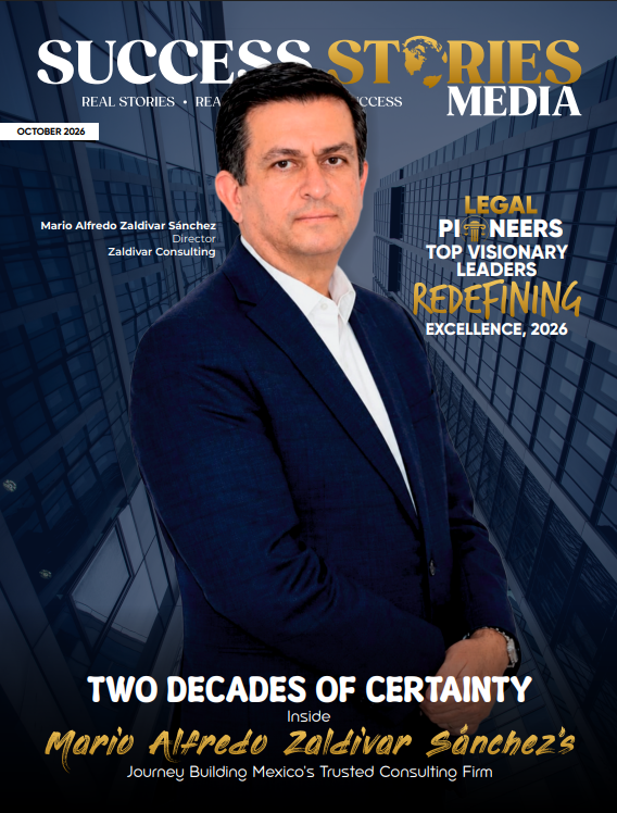 Mario Alfredo Zaldivar Sánchez, Director of Zaldivar Consulting, featured on the Legal Pioneers 2026 magazine cover.